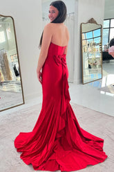 Red Strapless Senior Prom Dress with Bow Satin Pleated Evening Dress